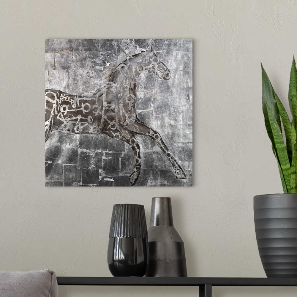 A modern room featuring Contemporary painting of horse figure in a bronze and silver pattern against a gold block backgro...