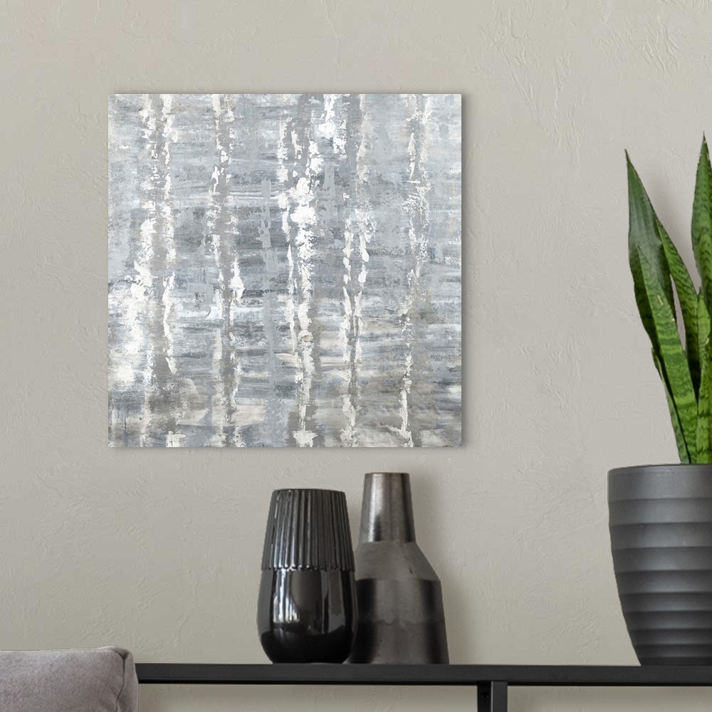 A modern room featuring Square abstract art with horizontal brushstrokes in the background and vertical lines in the fore...