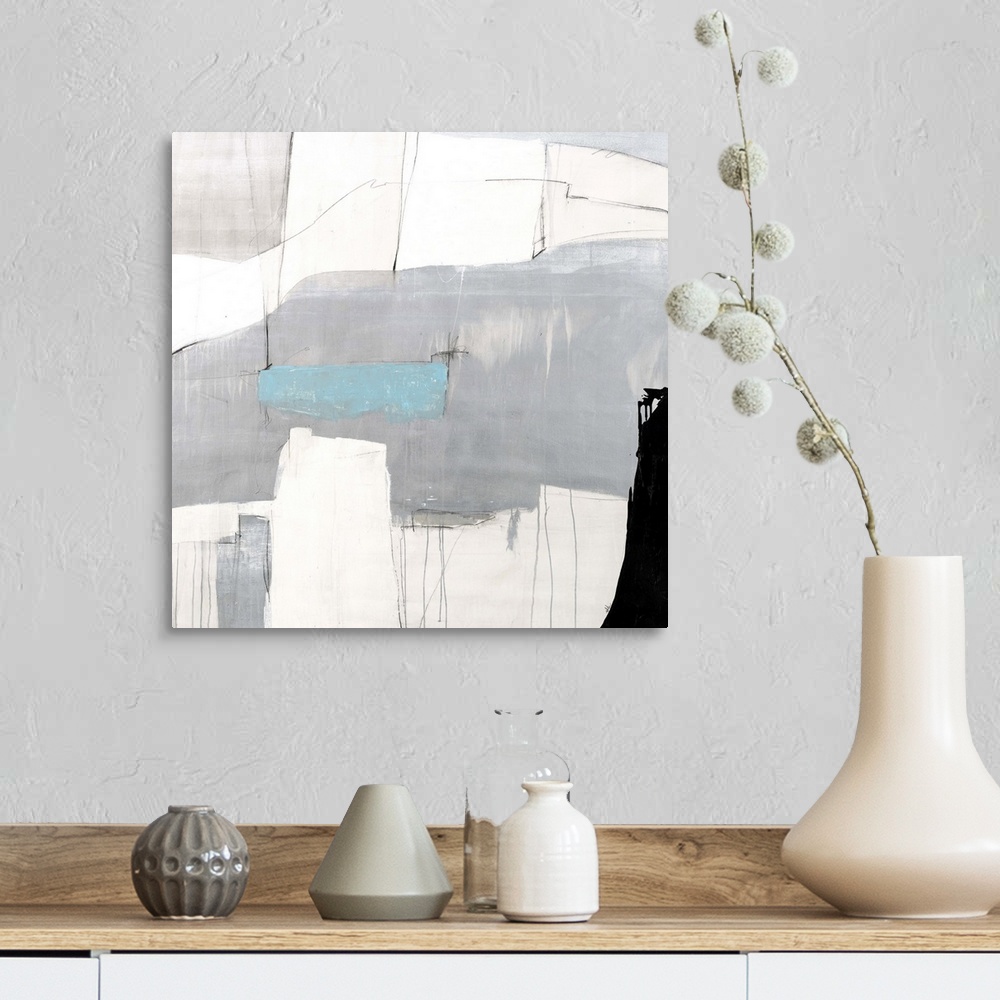A farmhouse room featuring Contemporary abstract painting using neutral tones with a hint of color.