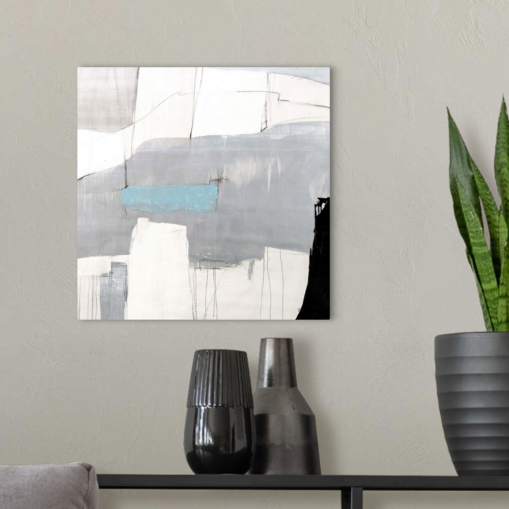 A modern room featuring Contemporary abstract painting using neutral tones with a hint of color.
