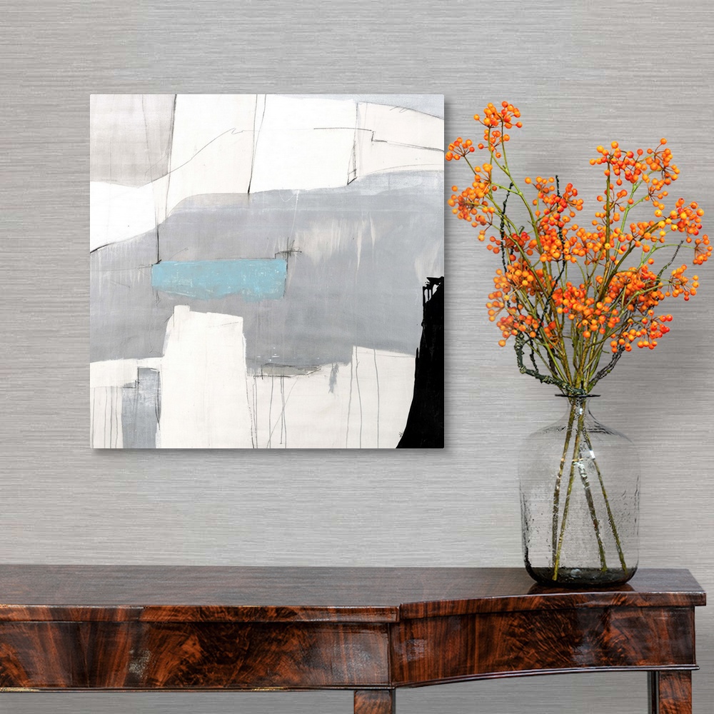 A traditional room featuring Contemporary abstract painting using neutral tones with a hint of color.