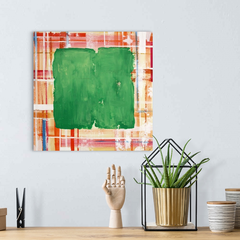 A bohemian room featuring Contemporary abstract with a green square shape over a plaid design.