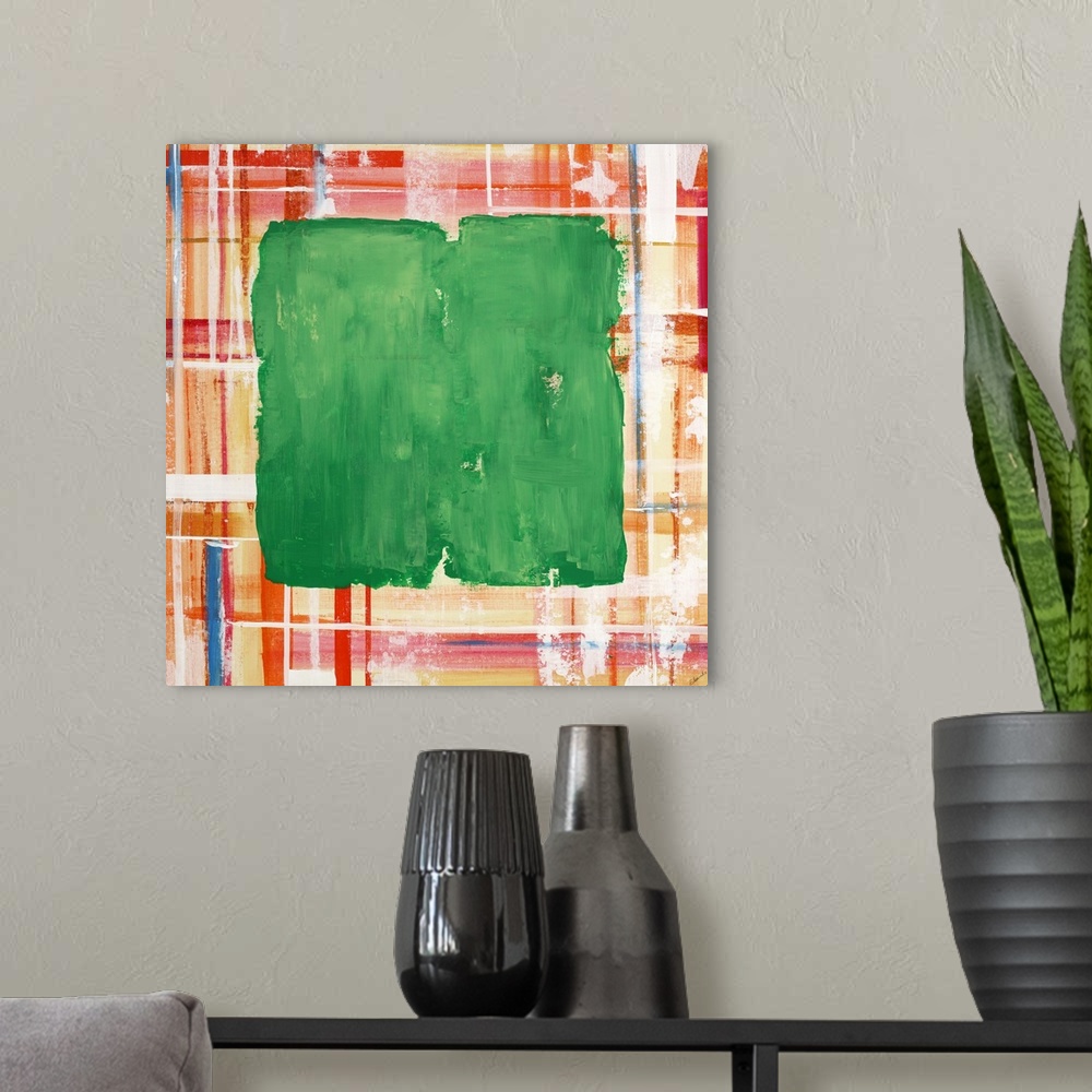 A modern room featuring Contemporary abstract with a green square shape over a plaid design.