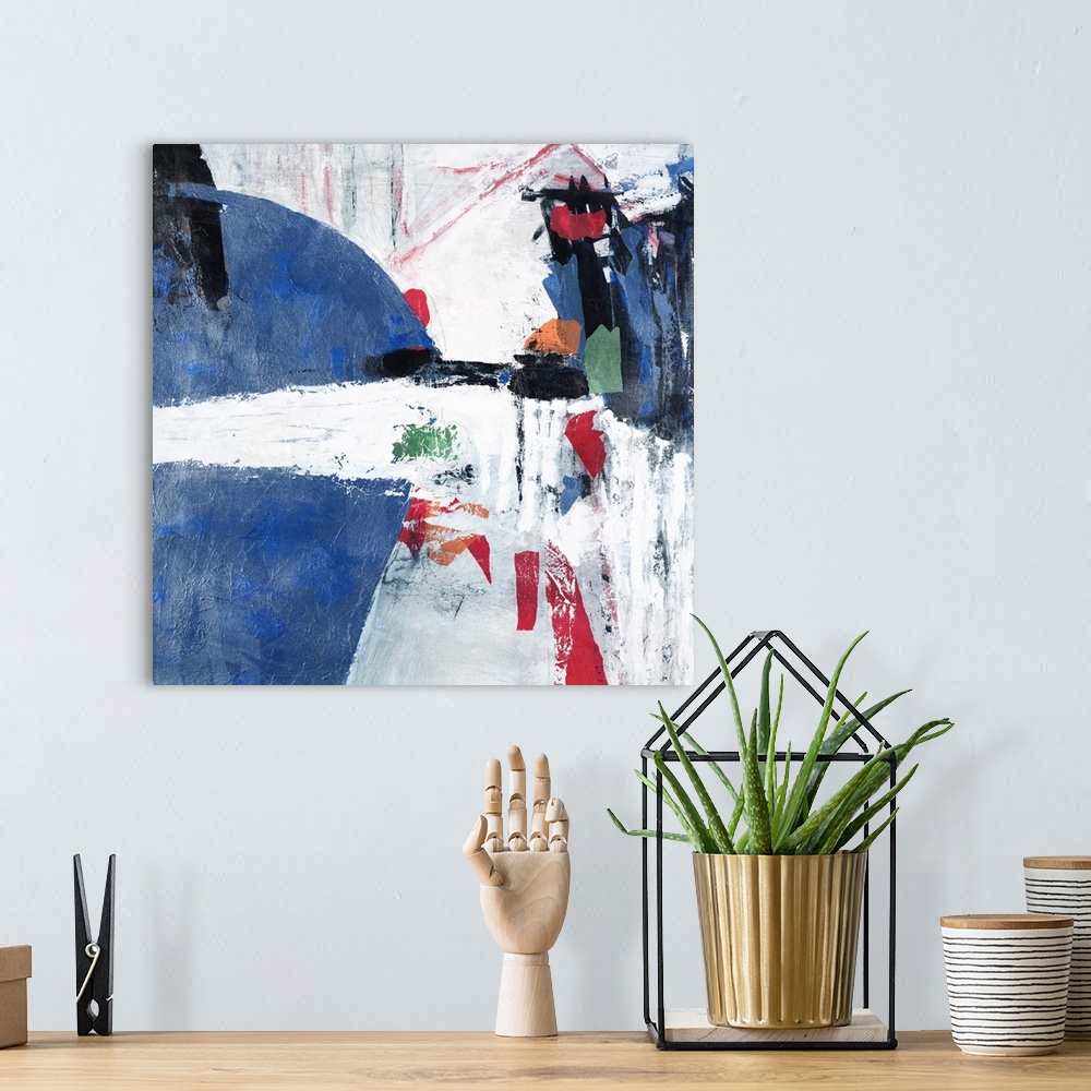A bohemian room featuring Contemporary abstract painting using muted tones of blue red gray and sharp contrasts of white.