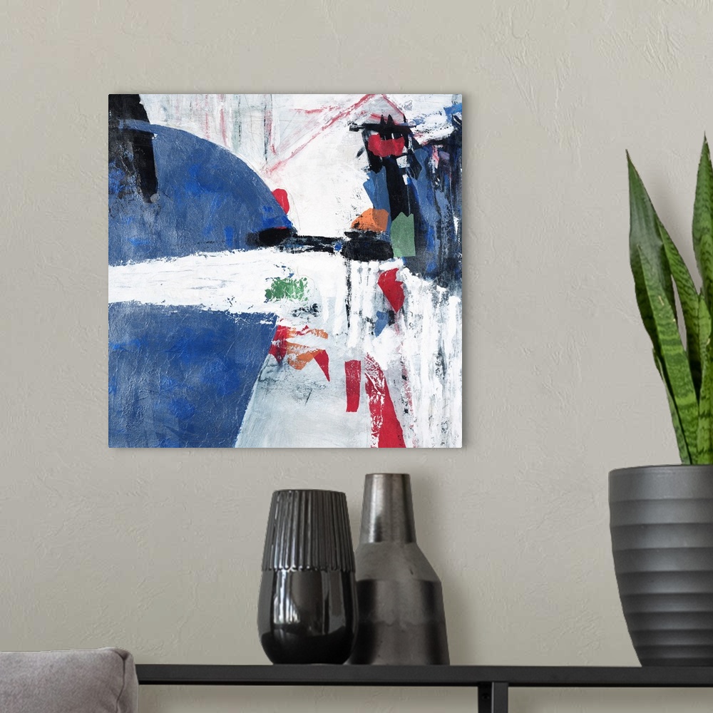 A modern room featuring Contemporary abstract painting using muted tones of blue red gray and sharp contrasts of white.