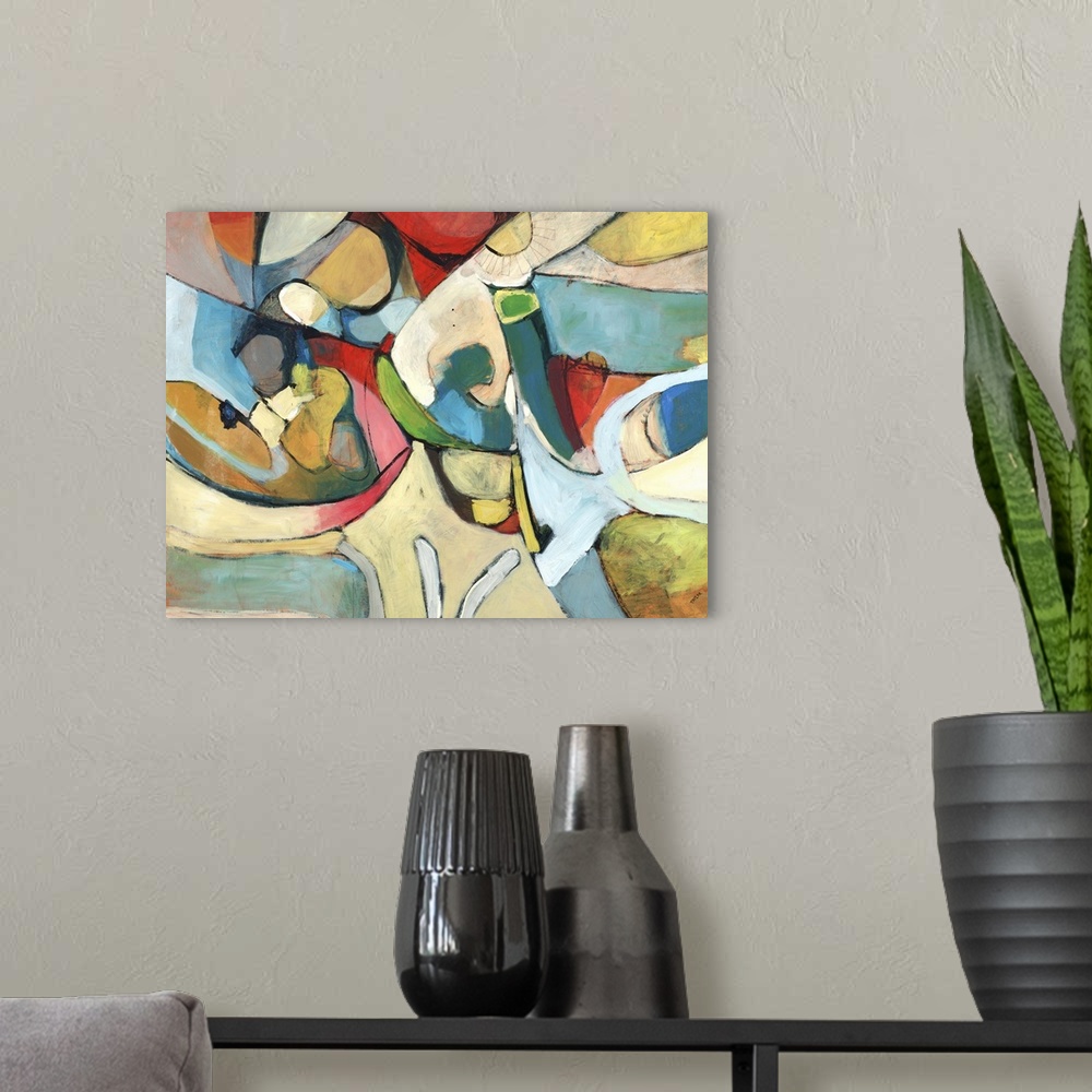 A modern room featuring Contemporary abstract painting using a full range of color and shape.