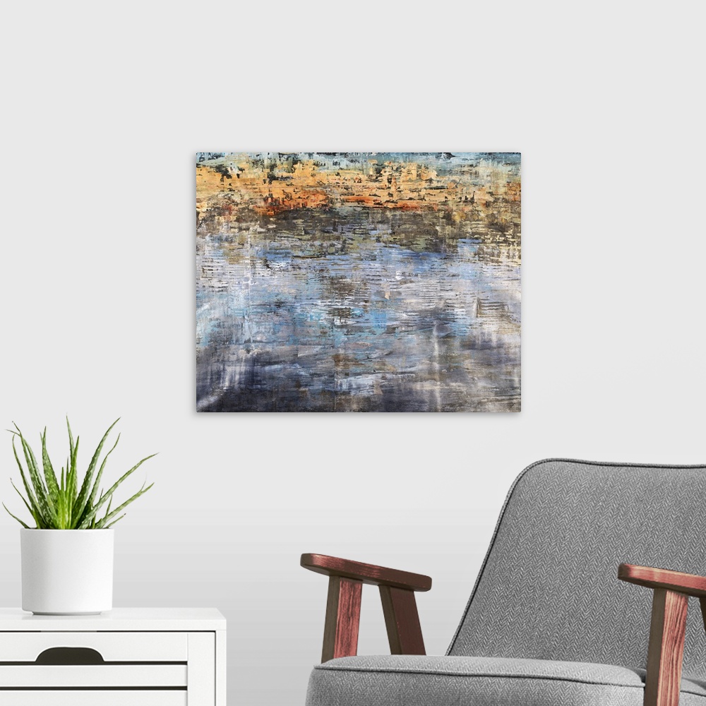 A modern room featuring Contemporary abstract painting using dark colors and decayed looking textures.