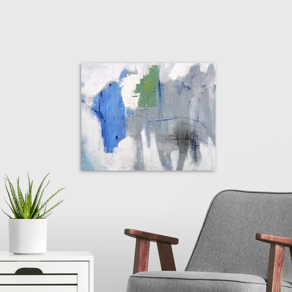 A modern room featuring Contemporary abstract painting of a gray toned background with pops of blue and green.