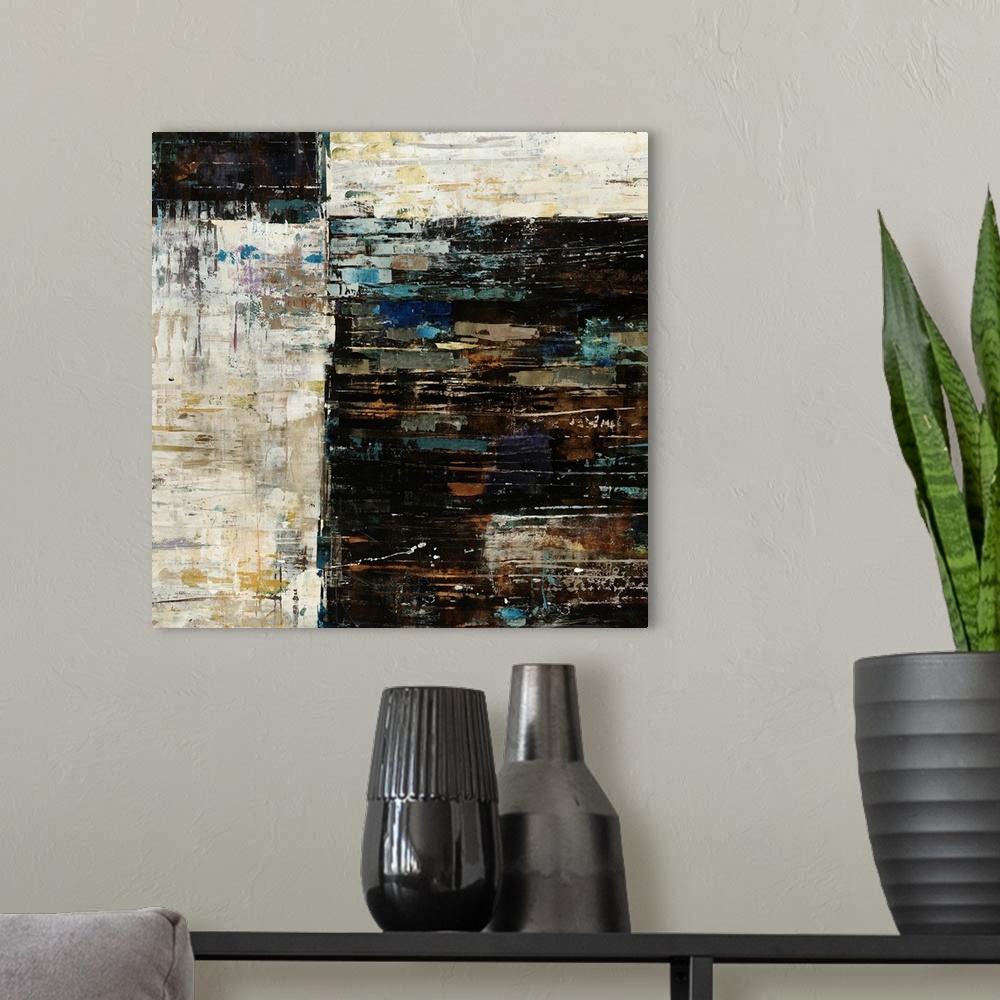 A modern room featuring Abstract painting on canvas of dark and light colored squares with different colored brushstrokes...