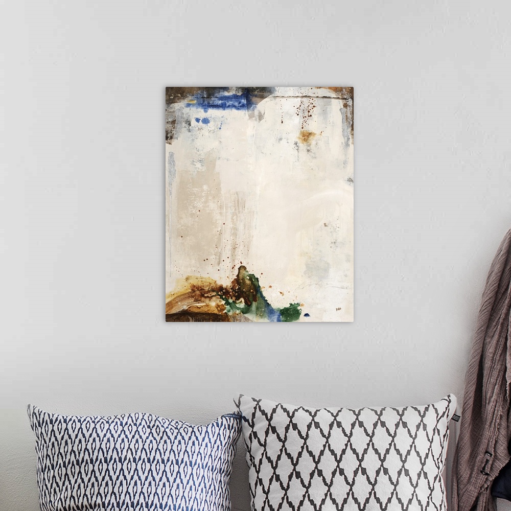 A bohemian room featuring Contemporary abstract painting in beige shades framed with dark tones.