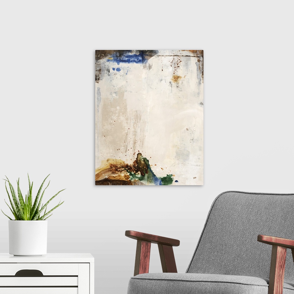 A modern room featuring Contemporary abstract painting in beige shades framed with dark tones.