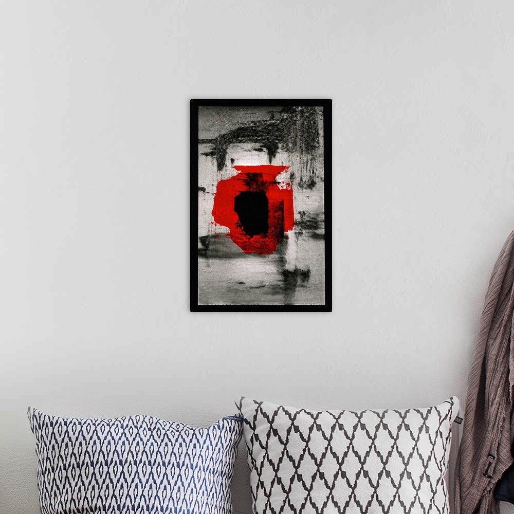 A bohemian room featuring Contemporary abstract painting made with dark black and gray hues, a bright red shape in the midd...