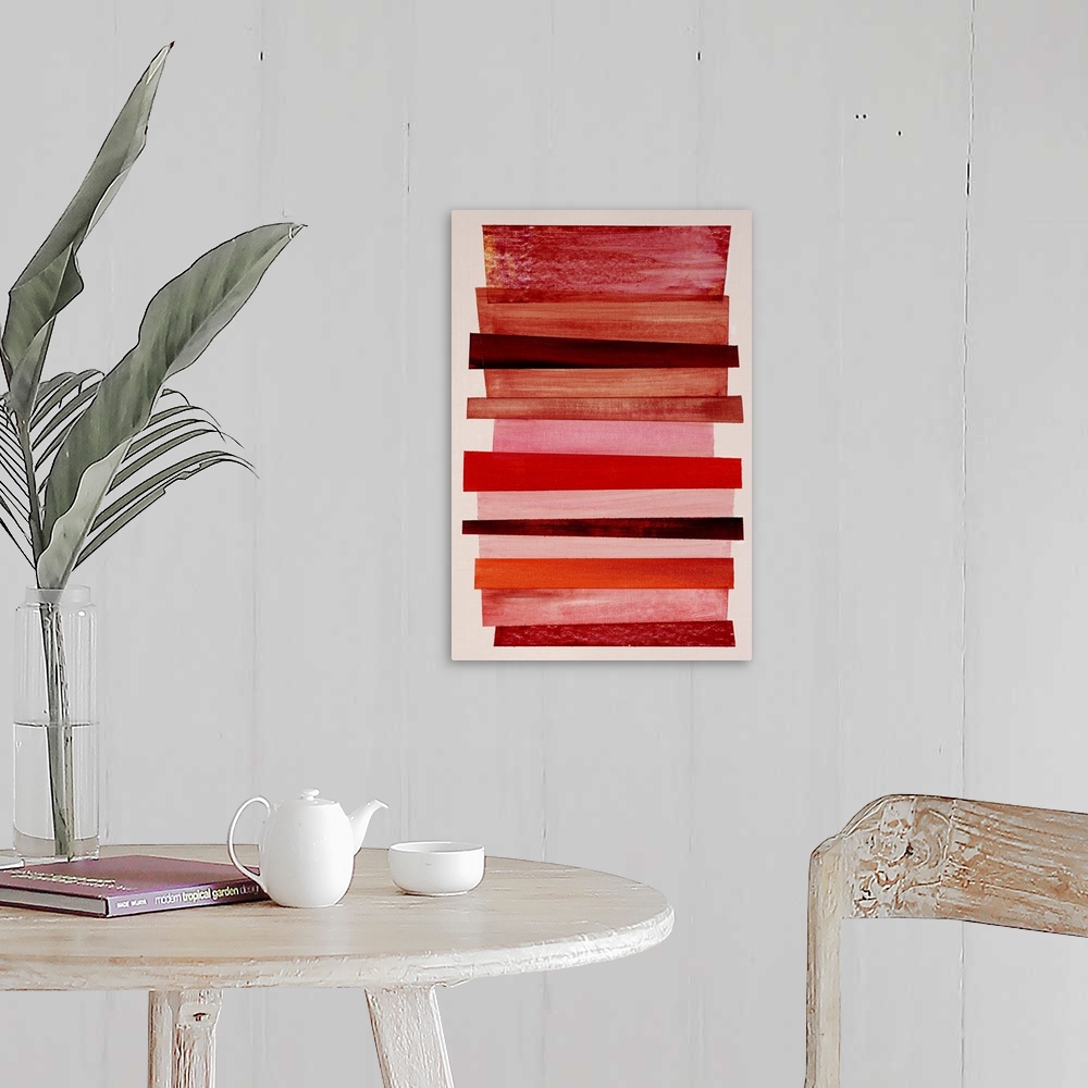 A farmhouse room featuring Geometric abstract painting that has an off-white background and a mixture of red and pink differ...