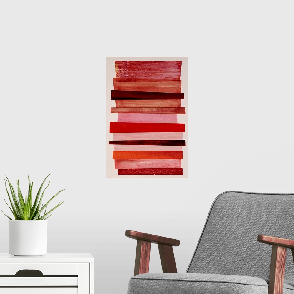 A modern room featuring Geometric abstract painting that has an off-white background and a mixture of red and pink differ...