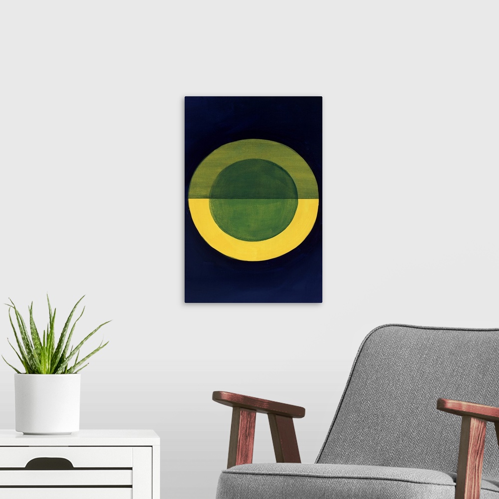 A modern room featuring Geometric abstract painting with a dark blue background and a gold circle in the center with a bl...