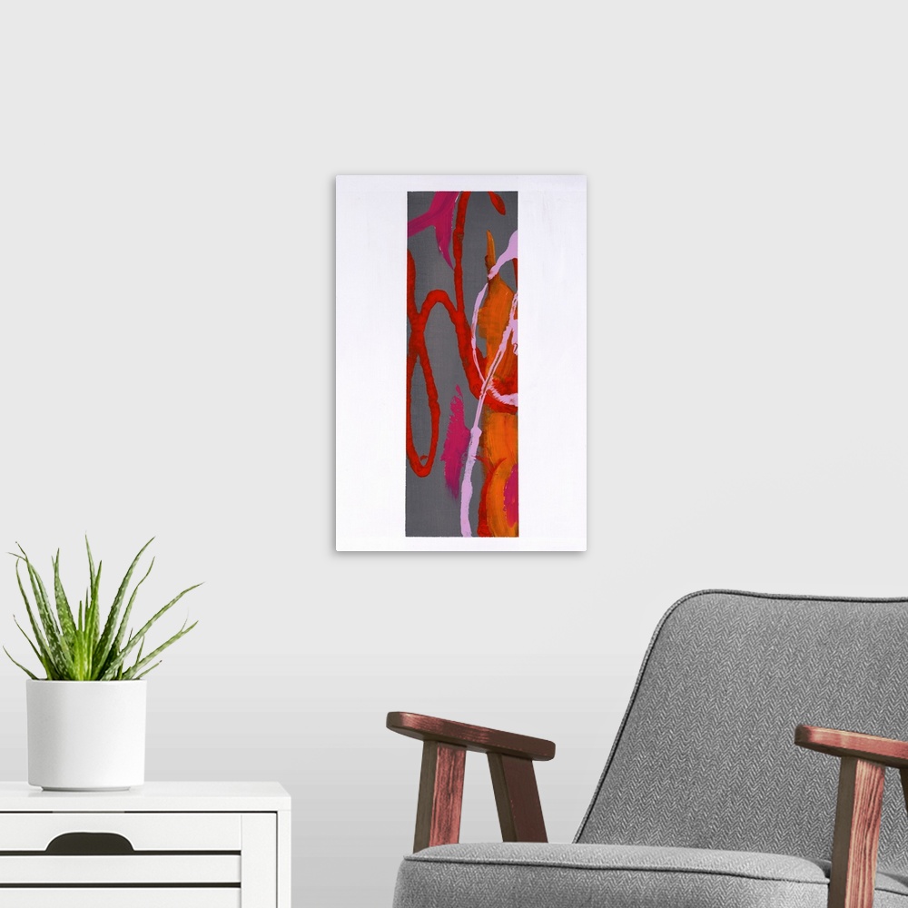 A modern room featuring Contemporary abstract painting that has a thick light gray boarder and a warm toned design in the...