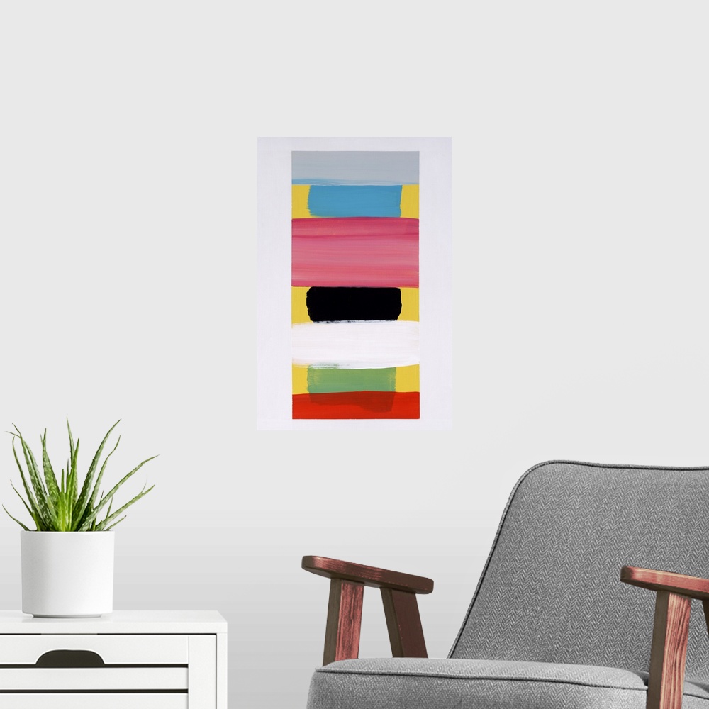 A modern room featuring Contemporary abstract painting that has a thick light gray boarder and colorful short and long ho...