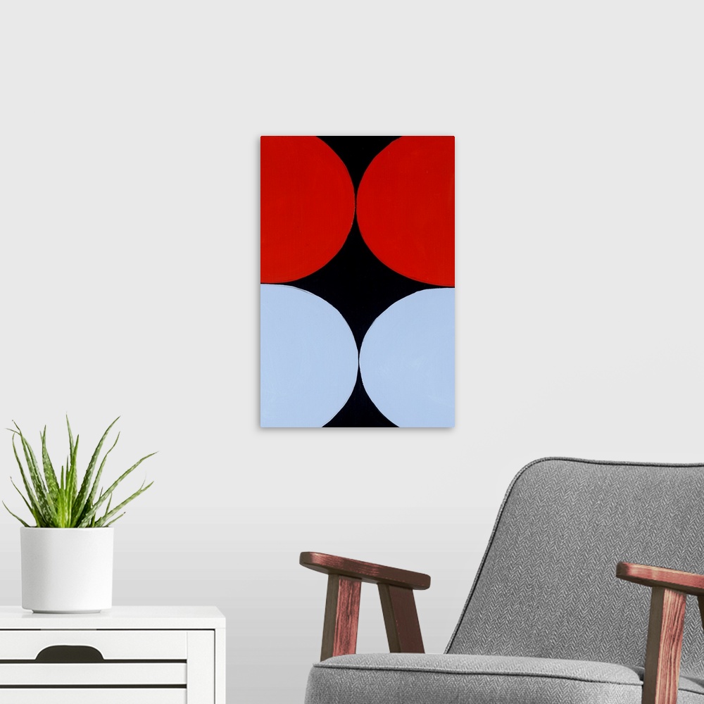 A modern room featuring Geometric abstract painting that has a solid black background and four large circles running off ...