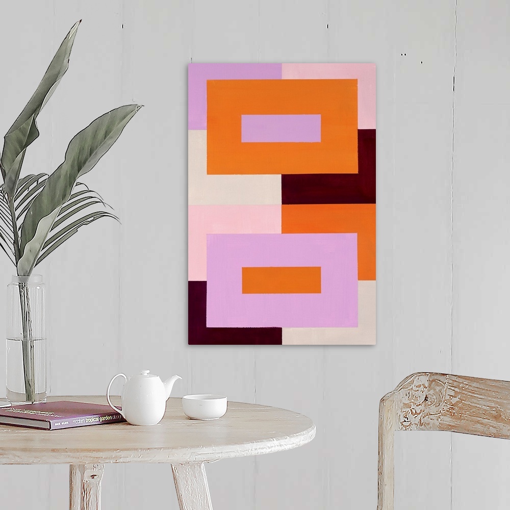 A farmhouse room featuring Geometric abstract painting that has a background made out of colorful squares and two large rect...