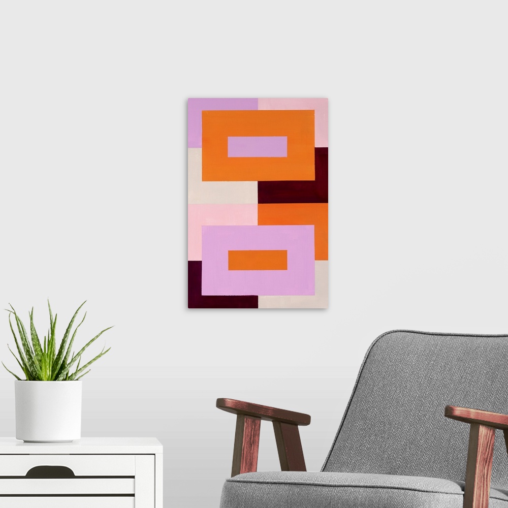 A modern room featuring Geometric abstract painting that has a background made out of colorful squares and two large rect...