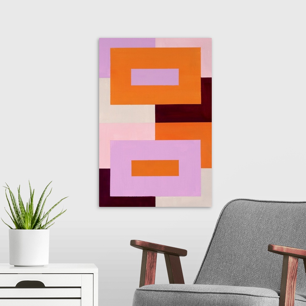 A modern room featuring Geometric abstract painting that has a background made out of colorful squares and two large rect...