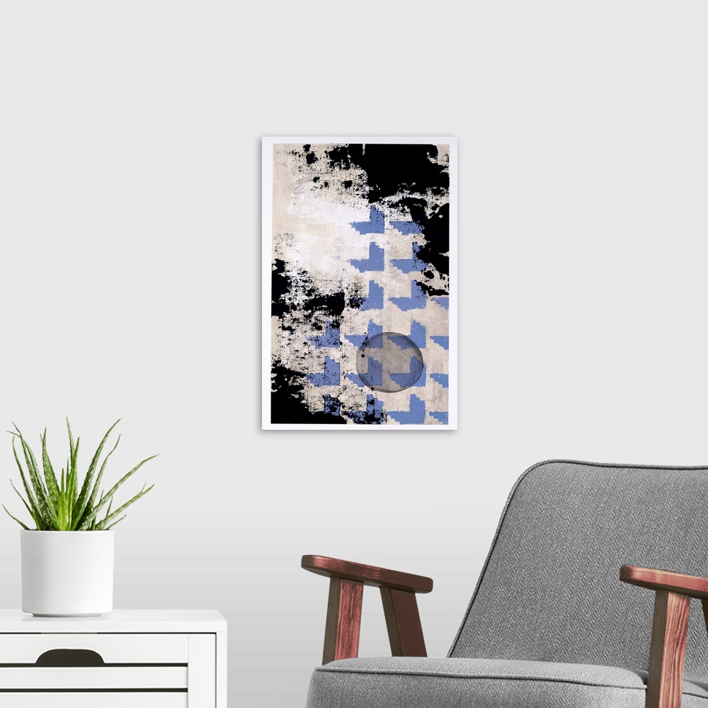 A modern room featuring Contemporary abstract painting that has a solid white boarder, a beige background with dark black...