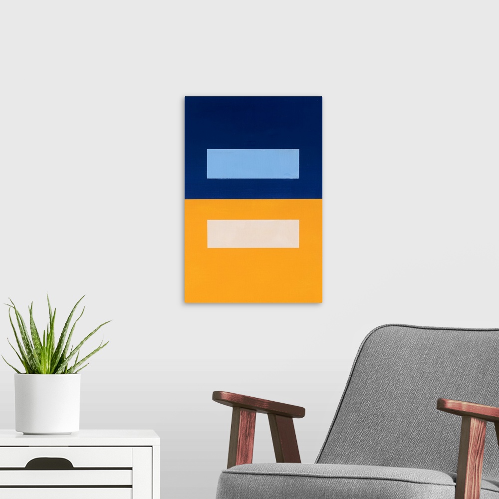 A modern room featuring Geometric abstract painting that has a background split into two square halves in gold and navy w...