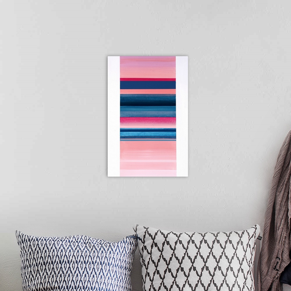 A bohemian room featuring Contemporary abstract painting that has a skinny rectangle in the center with pink and blue horiz...
