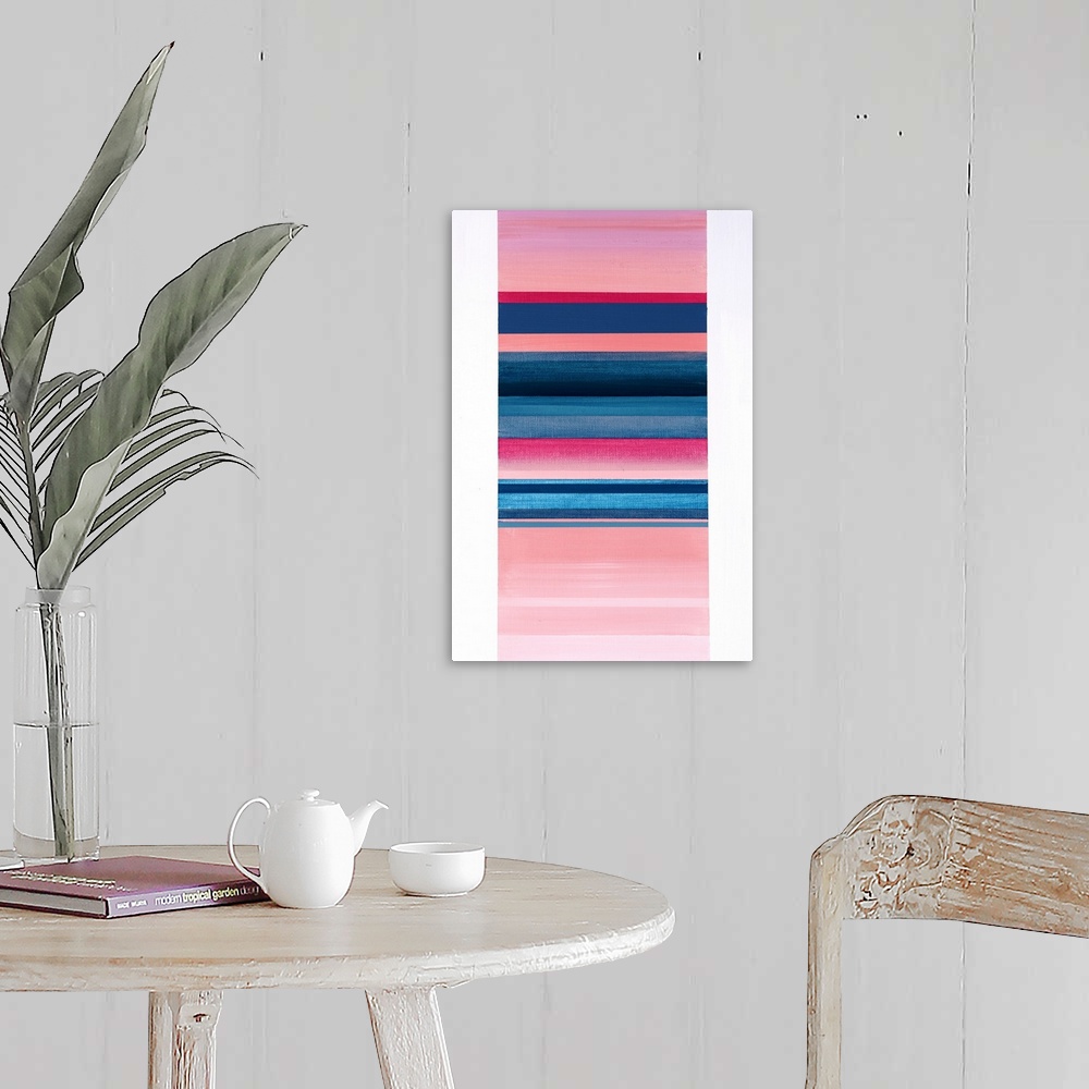 A farmhouse room featuring Contemporary abstract painting that has a skinny rectangle in the center with pink and blue horiz...
