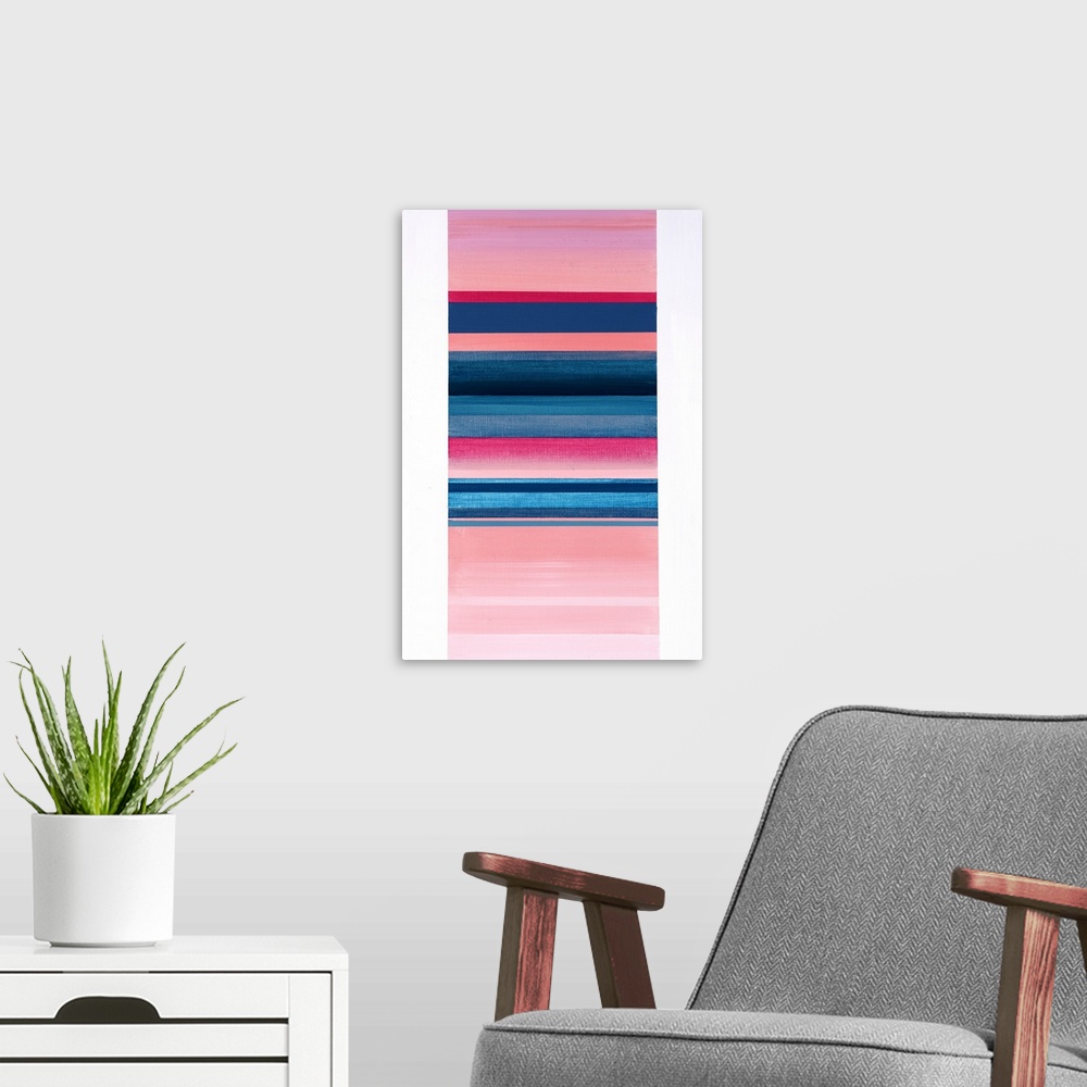 A modern room featuring Contemporary abstract painting that has a skinny rectangle in the center with pink and blue horiz...