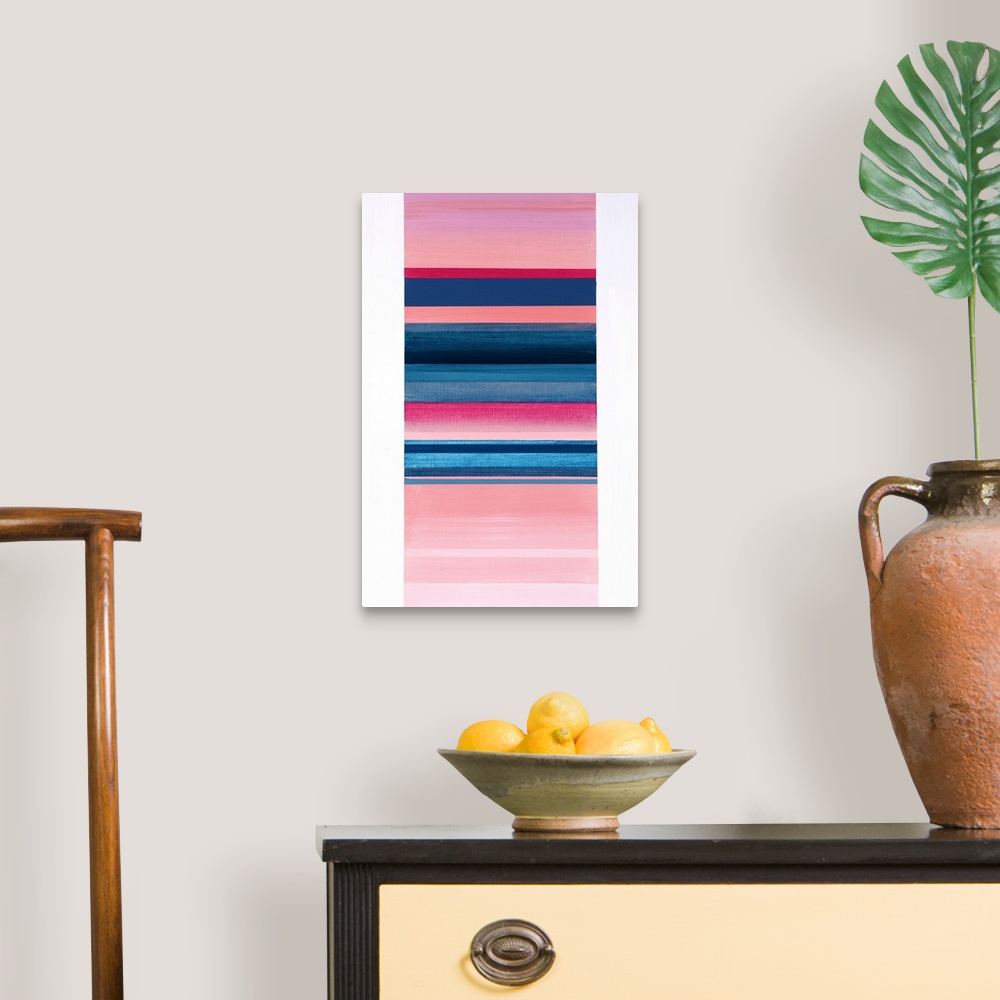 A traditional room featuring Contemporary abstract painting that has a skinny rectangle in the center with pink and blue horiz...