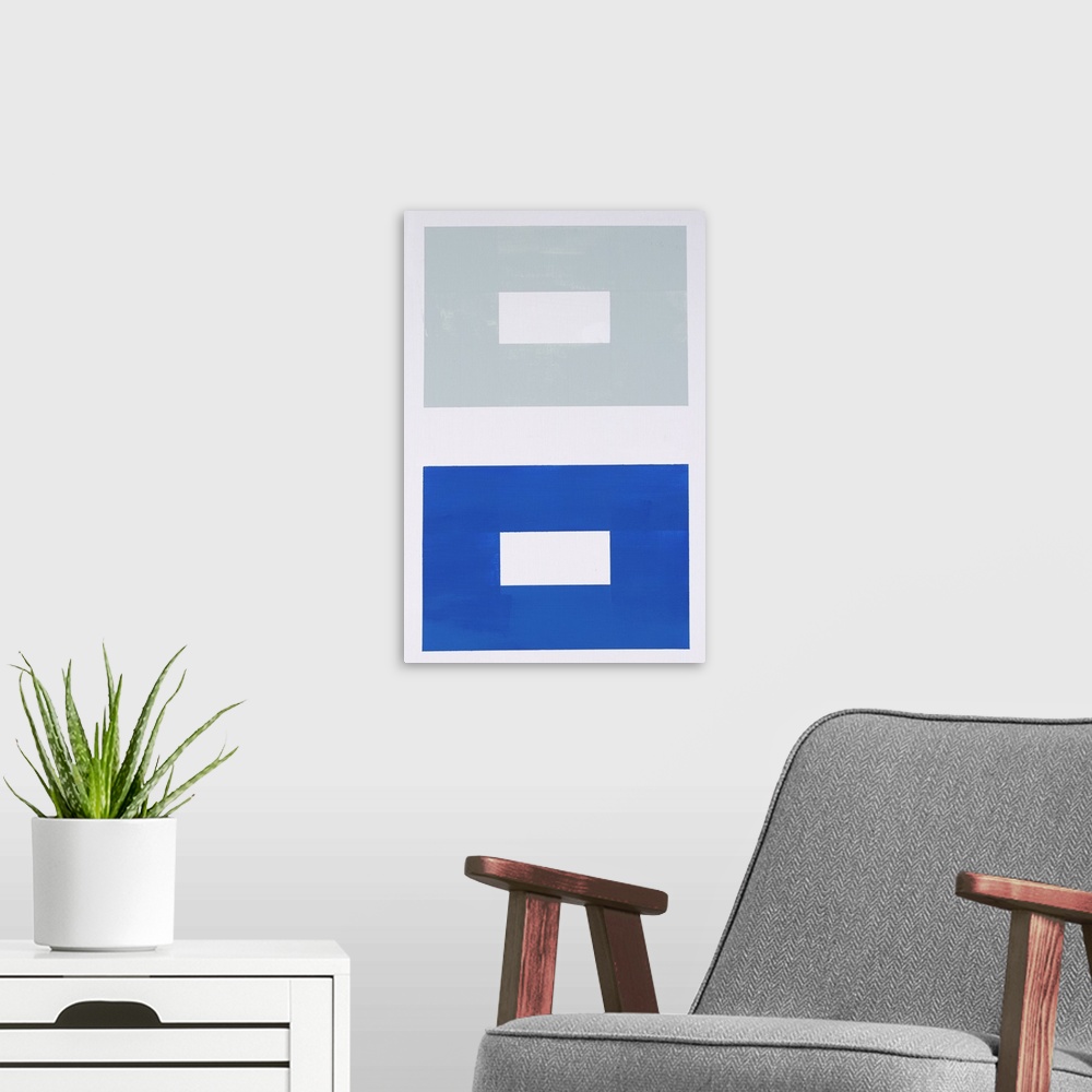 A modern room featuring Geometric abstract painting that has a solid white background and two big squares with white rect...