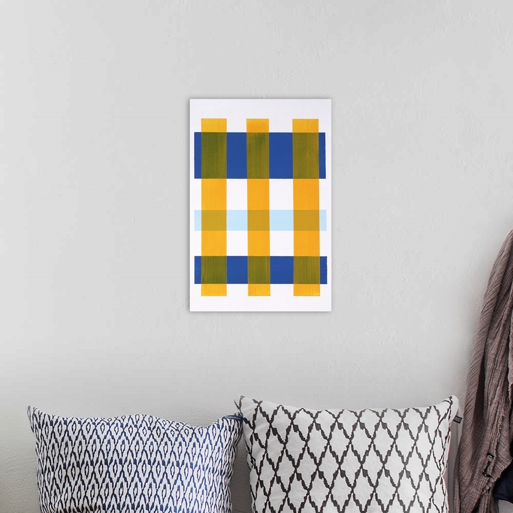 A bohemian room featuring Contemporary abstract painting with yellow vertical lines on top of blue horizontal lines creatin...