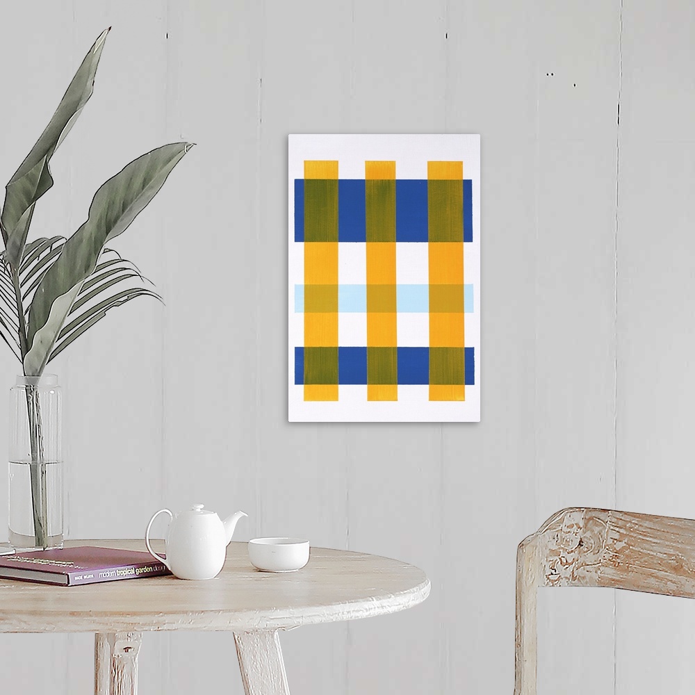 A farmhouse room featuring Contemporary abstract painting with yellow vertical lines on top of blue horizontal lines creatin...
