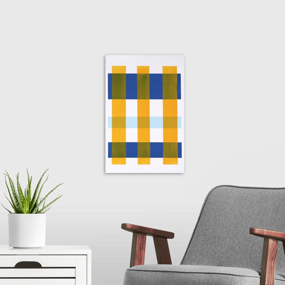A modern room featuring Contemporary abstract painting with yellow vertical lines on top of blue horizontal lines creatin...