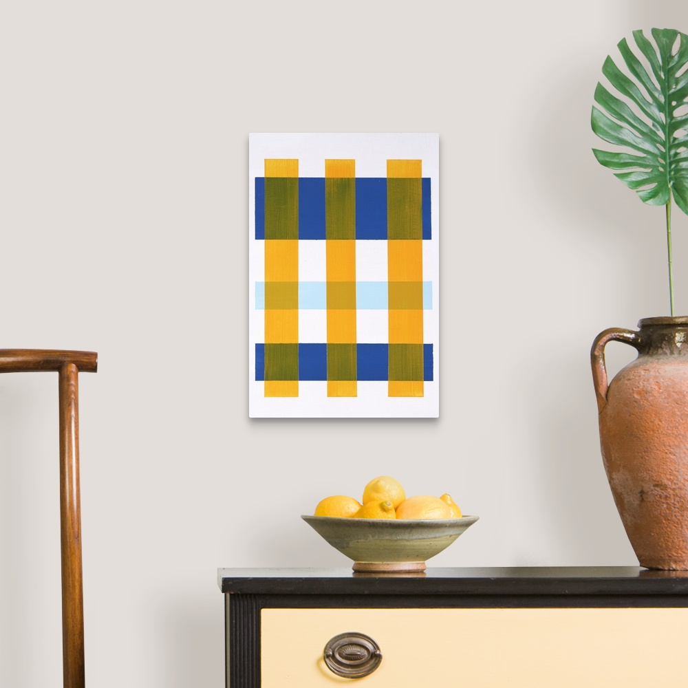 A traditional room featuring Contemporary abstract painting with yellow vertical lines on top of blue horizontal lines creatin...