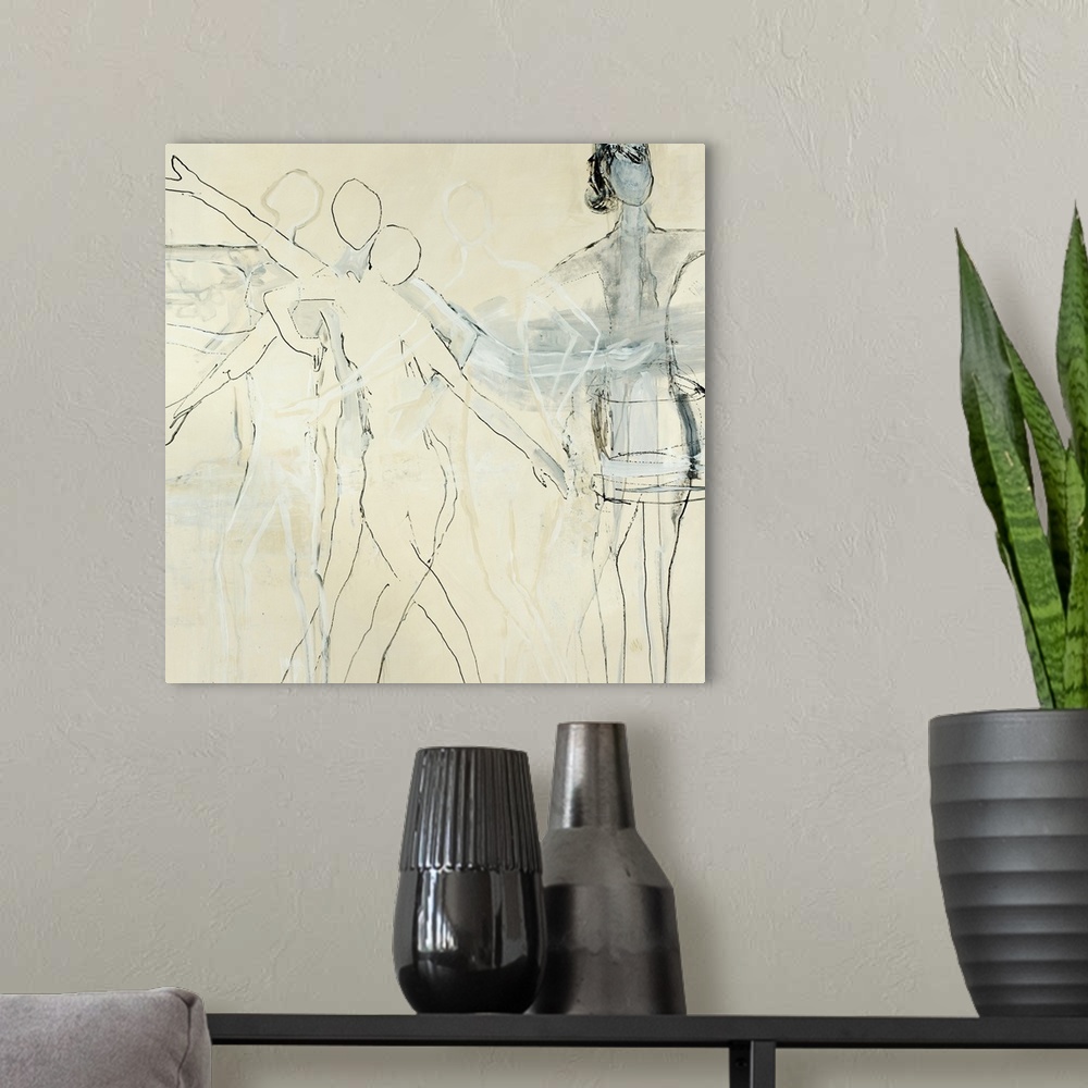 A modern room featuring Contemporary illustration of a dancer's motion and movement over time.