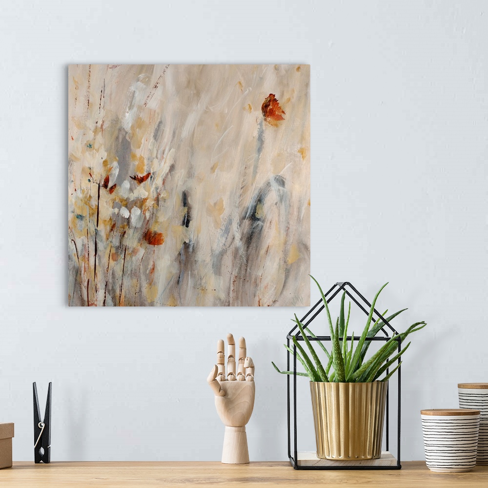 A bohemian room featuring Vertical wall art that gives the impression of flowers and plants in a square abstract painting m...
