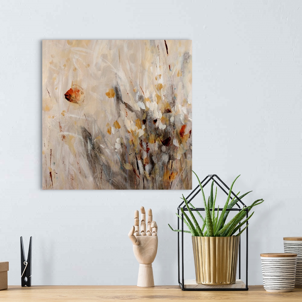 A bohemian room featuring This abstract still life is a frenzy of brushstrokes capturing the gesture of stems, grass, and f...