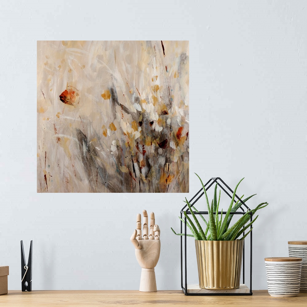 A bohemian room featuring This abstract still life is a frenzy of brushstrokes capturing the gesture of stems, grass, and f...