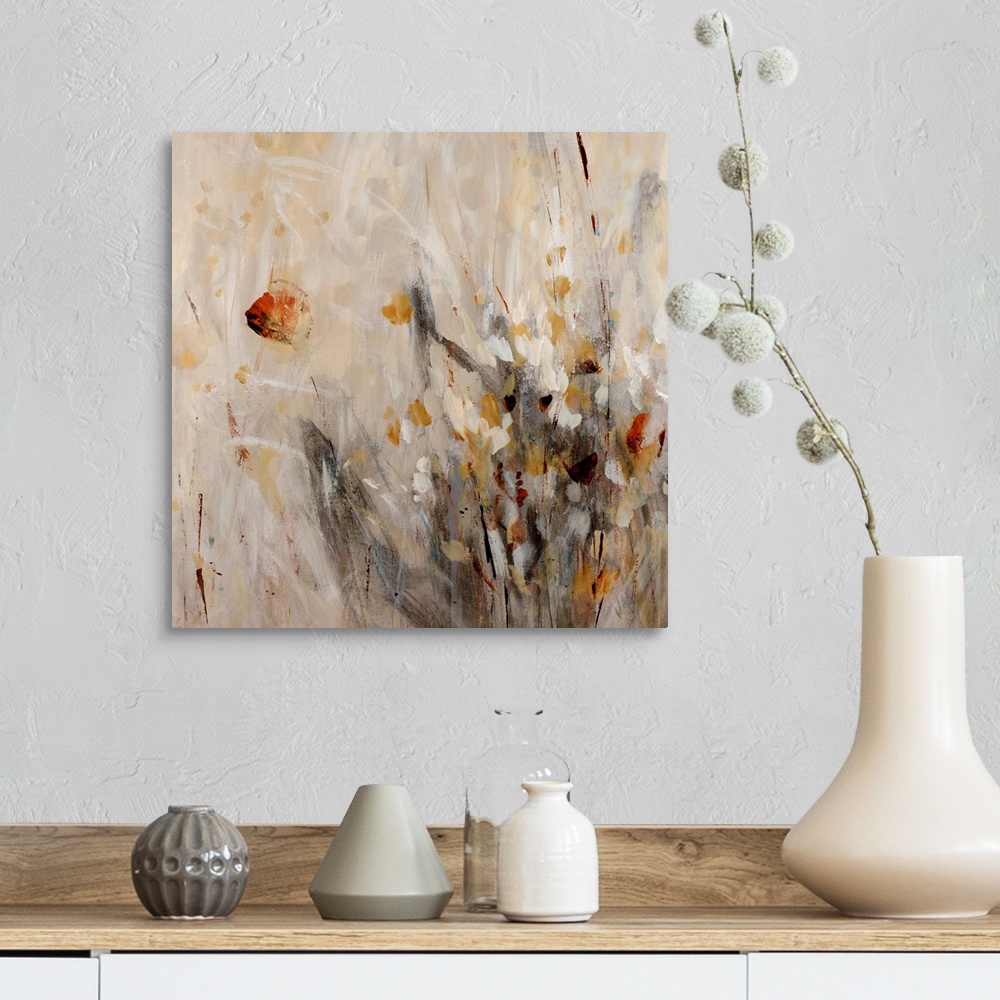 A farmhouse room featuring This abstract still life is a frenzy of brushstrokes capturing the gesture of stems, grass, and f...