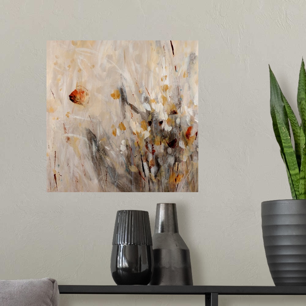 A modern room featuring This abstract still life is a frenzy of brushstrokes capturing the gesture of stems, grass, and f...