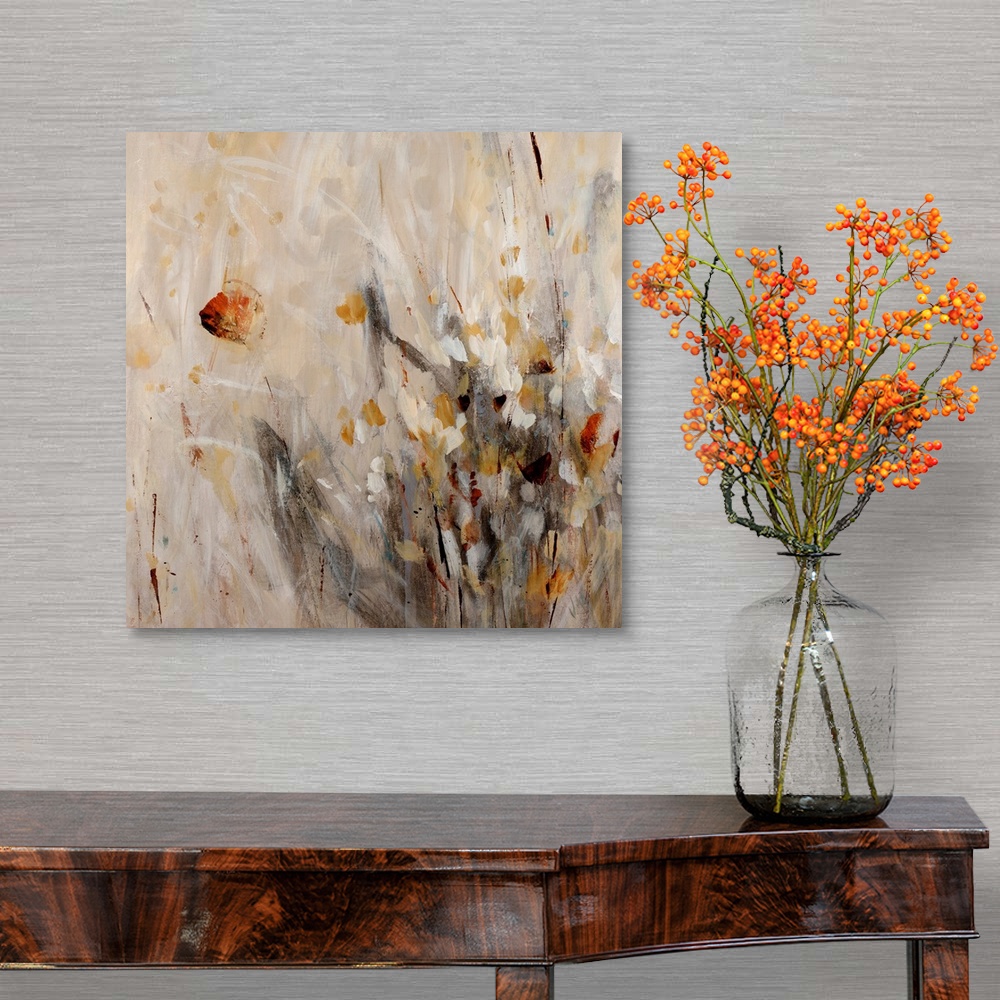 A traditional room featuring This abstract still life is a frenzy of brushstrokes capturing the gesture of stems, grass, and f...