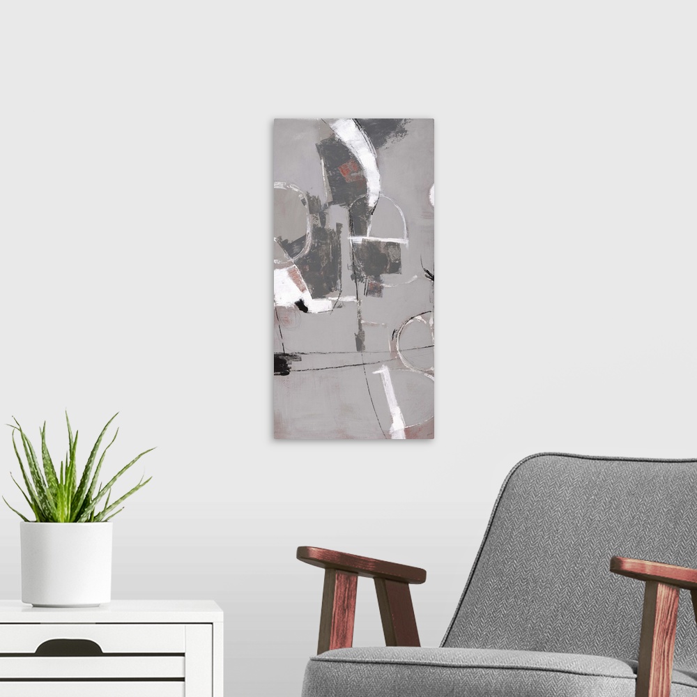 A modern room featuring Contemporary abstract painting using neutral tones.