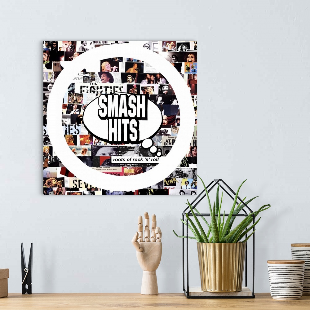 A bohemian room featuring A square collage with "Smash Hits" in the center and images of famous musicians in the background.