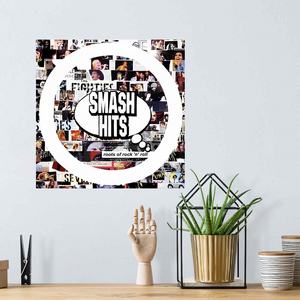A bohemian room featuring A square collage with "Smash Hits" in the center and images of famous musicians in the background.