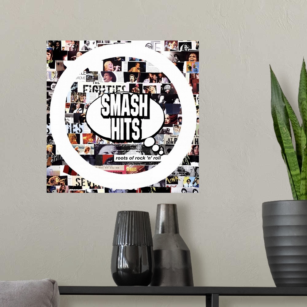 A modern room featuring A square collage with "Smash Hits" in the center and images of famous musicians in the background.