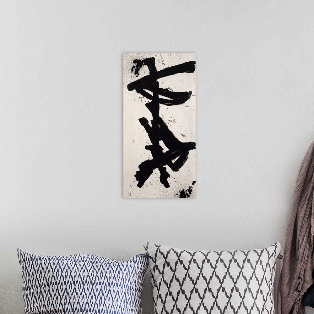 A bohemian room featuring Contemporary abstract painting of bold black aggressive strokes resembling Oriental script charac...