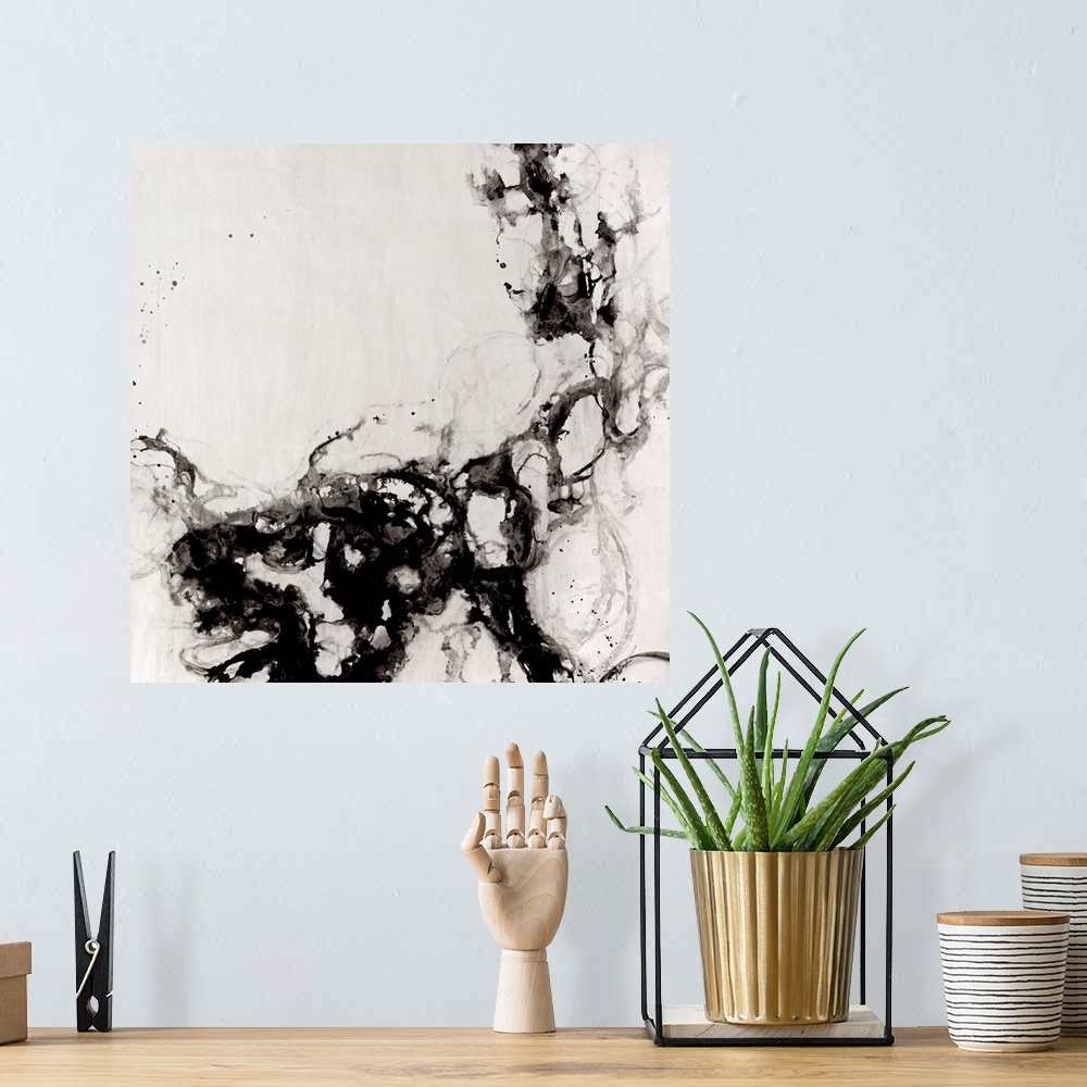 A bohemian room featuring This sizeable piece of abstract artwork shows smoke like patterns contained to the bottom and rig...