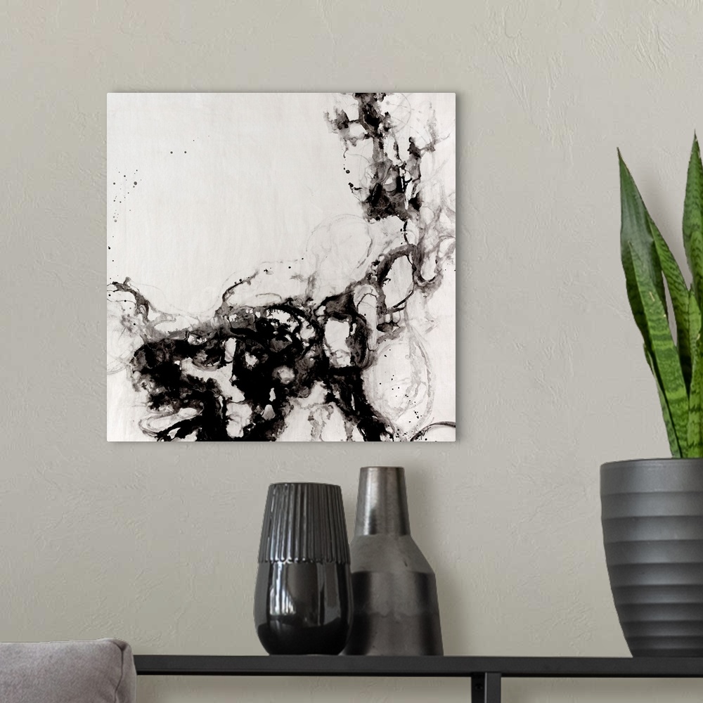 A modern room featuring This sizeable piece of abstract artwork shows smoke like patterns contained to the bottom and rig...